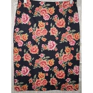 Black Rose Print Midi Pencil Skirt Medium Soft Stretch Pencil Whimsigoth Red
